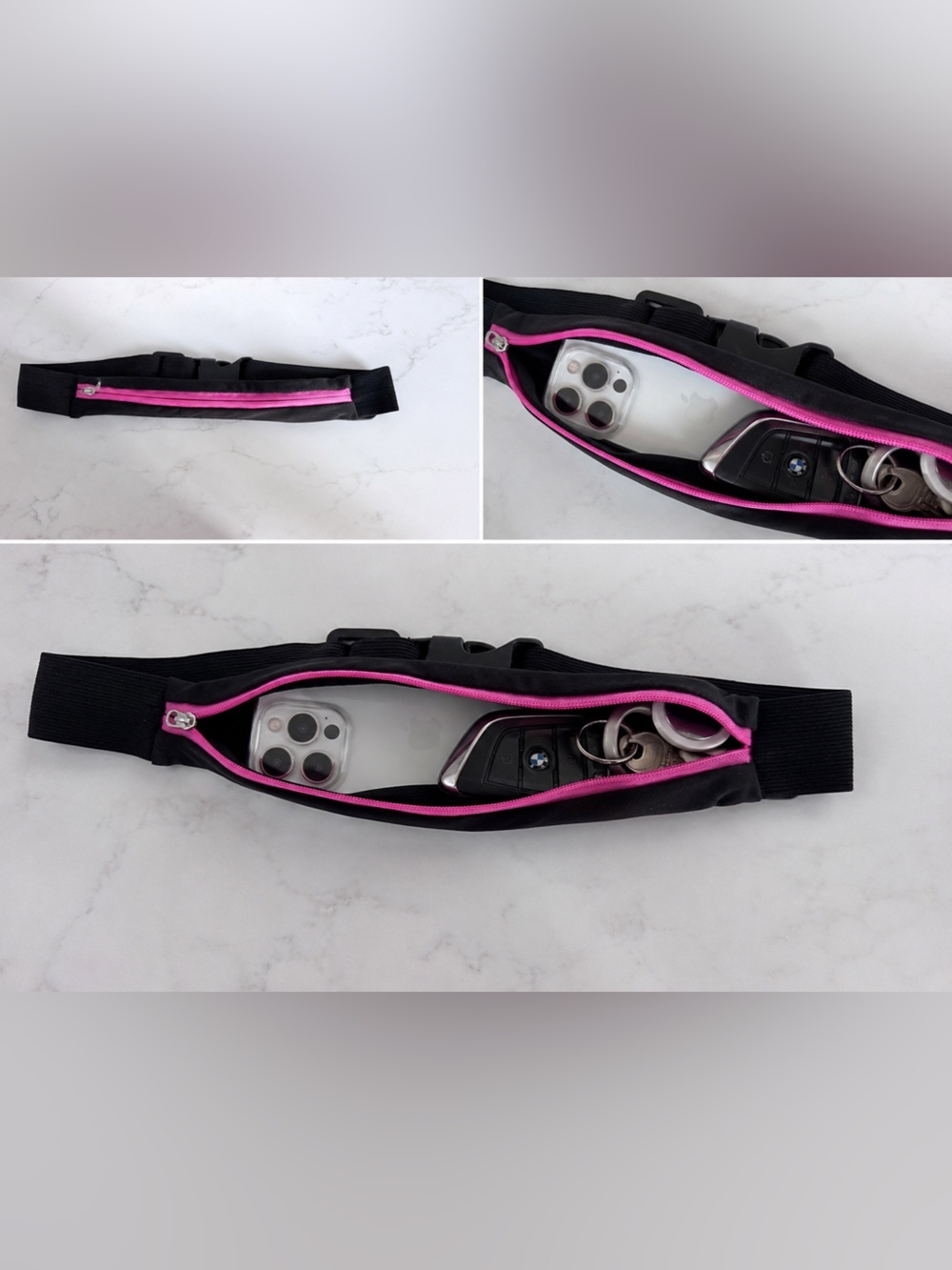 NWT Black Sport Waist Pouch Running Belt Bag with Pink Zipper